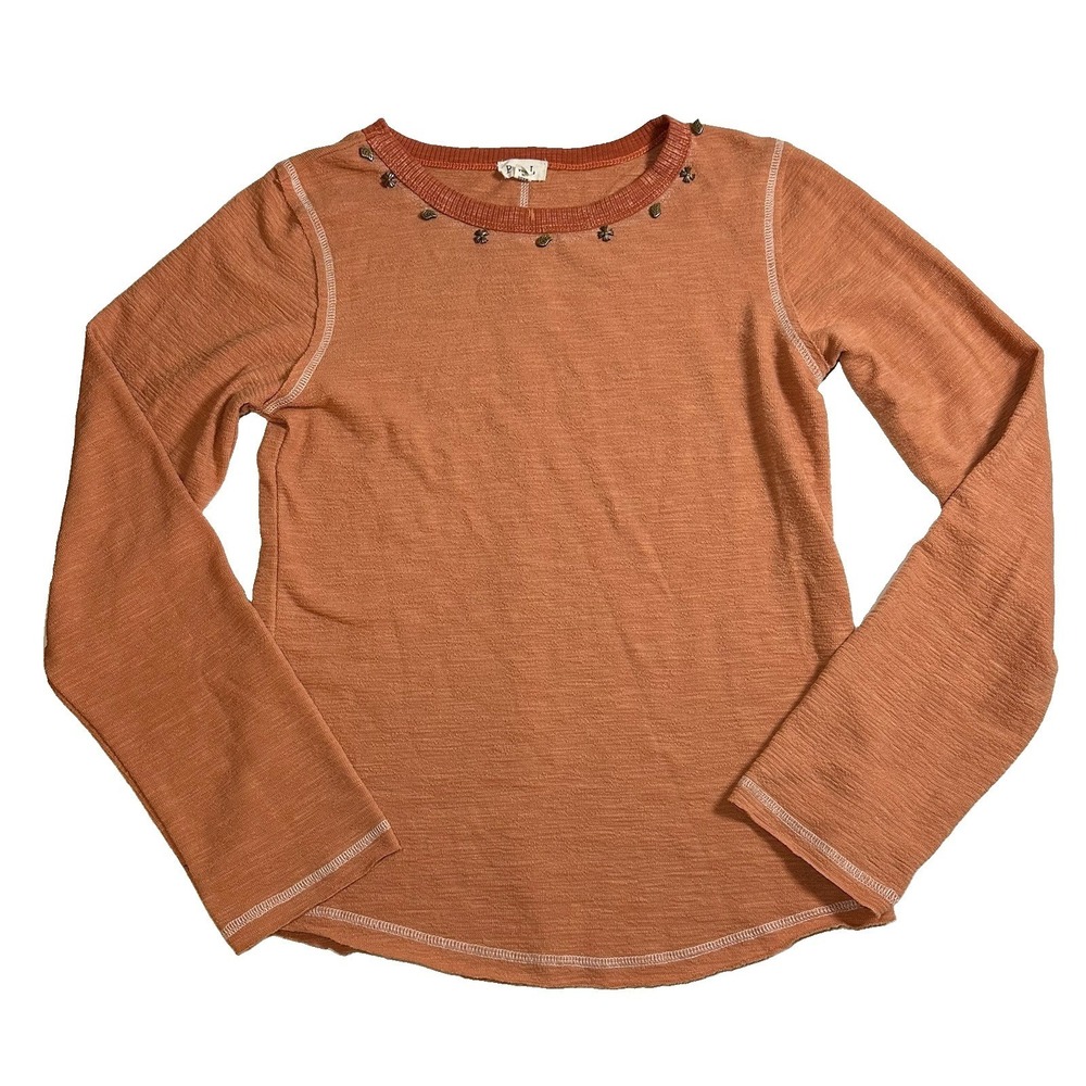 POL Women's MEDIUM Embellished Round Neck Long Sleeve Shirt Orange Boho